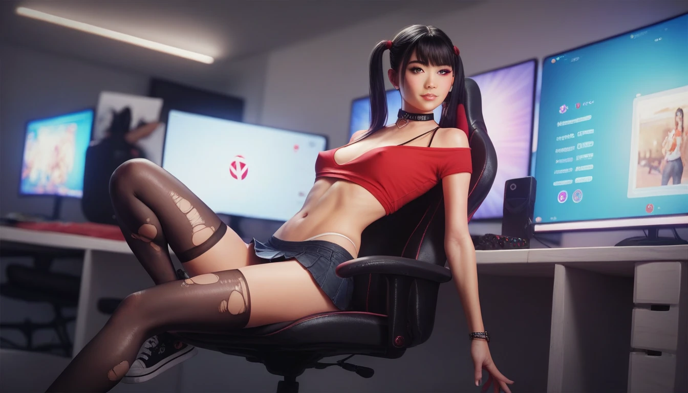 A sexy and pure girl with bare breasts sits in the e-sports game room with her cheeks, movie lighting, neon lights, colorful, radiant, lustful