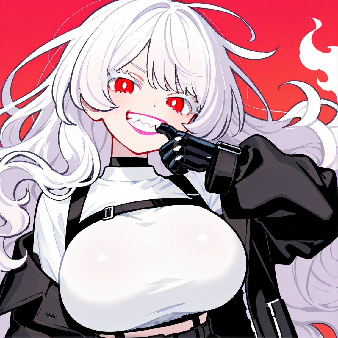 (masterpiece:1.2)、Highest quality、PIXIV、Rebellious girl、One girl、Open your mouth、鋭いteeth、teeth、Long Hair、Street background、gem、badge、ボタンbadge、Food、Bright red eyes、Earrings、Jacket、eyelash、Foodを下にして、Upper Body、Characters in clothes、zipper、collar、cable、chain、Stickers、hoodie、smile、Focus on the viewer、Chest in the center、Shoulder Bare、Belly button、Black and white hair color,leaning forward,Cyberpunk city,Night view,Black and white grey outfit,Overflowing drool、saliva、White Breath、Sigh