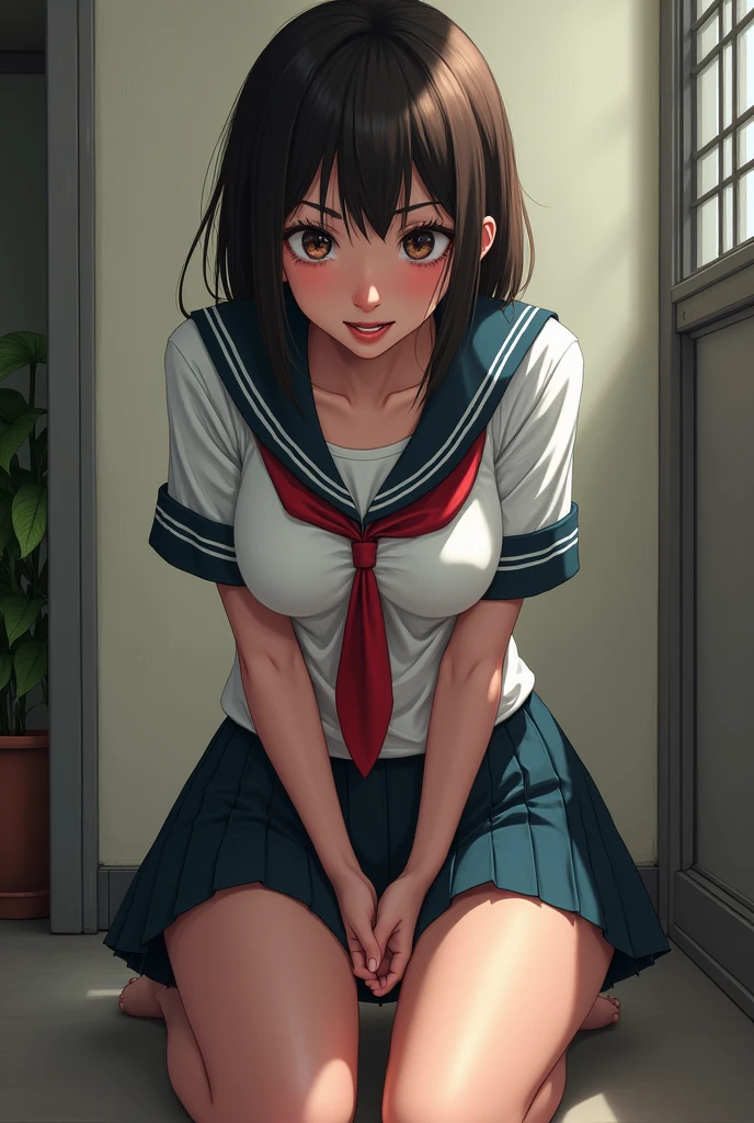 masterpiece, anime, Cute,girl in stockings and a short school skirt, red school jacket, full length,The girl is on all fours