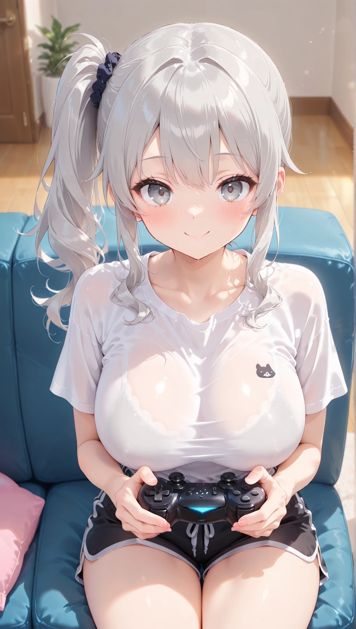 1girl, breasts, penis, hetero, 1boy, paizuri, nipples, uncensored, veins, veiny_penis, heterochromia, large_breasts, oral, fellatio, yellow_eyes, looking_at_viewer, blue_hair, red_eyes, long_hair, symbol-shaped_pupils, hair_ornament, pov, blush, solo_focus, heart, twintails, erection, sweat, bangs, heart-shaped_pupils, large_penis