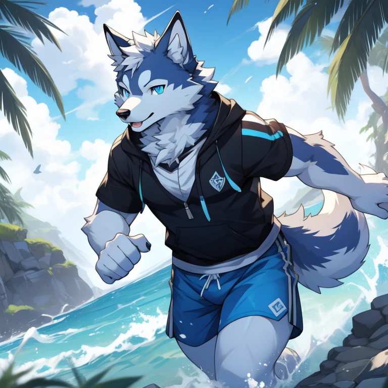 ((Best quality, masterpiece, detailed anatomy, detailed eyes, detailed hands, perfect lighting, perfect shading.)), by Buta99, by SpiritD, 1male, Wolf, brown furs, tight body, dark brown eyes, skinny body, young body, blue hoodie crop top, black jogger, black boots, smile, show sharp teeth, on the lake