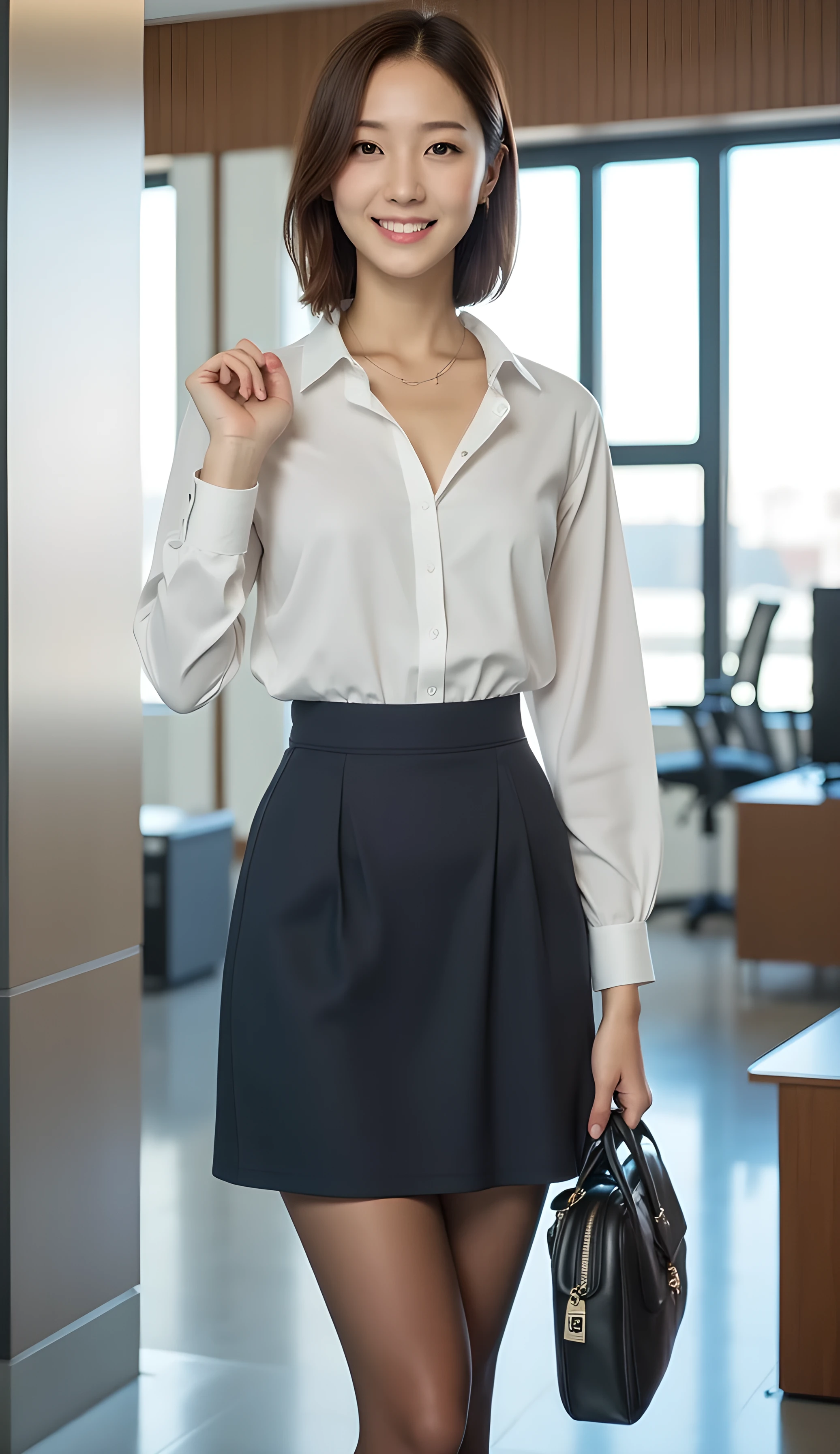 best qualtiy,8K,32K,tmasterpiece,1girll,Beutiful women,a narrow waist,Business suit,Open jacket,office lady,Business suit,trouser,Light-colored shirt,office room,Office desk,Exquisite facial features,GG,详细的脸,short detailed hair,ssmile,Royal sister type,