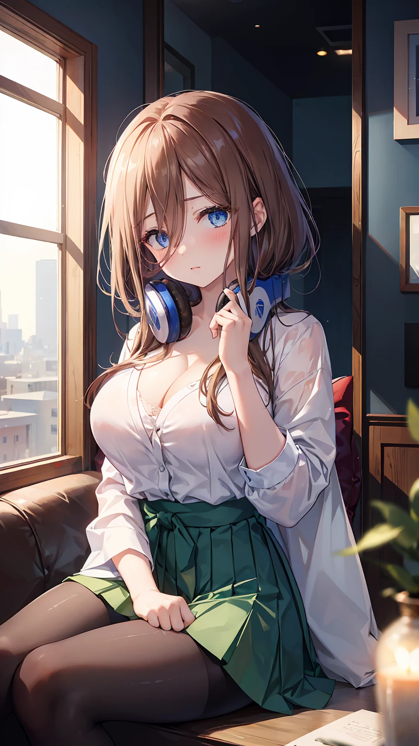 (((masterpiece, best quality, highres))), nm1, headphones around neck, brown hair, blue eyes, blush, , white shirt, collared shirt, long sleeves, (green miniskirt, green pleated miniskirt), ((pantyhose, black pantyhose, see through)), large breast, (cleavage), large , indoors, (sitting, on knees, kneeling down), classroom, blur background, ((cowboy shot)), alluring face, 4k