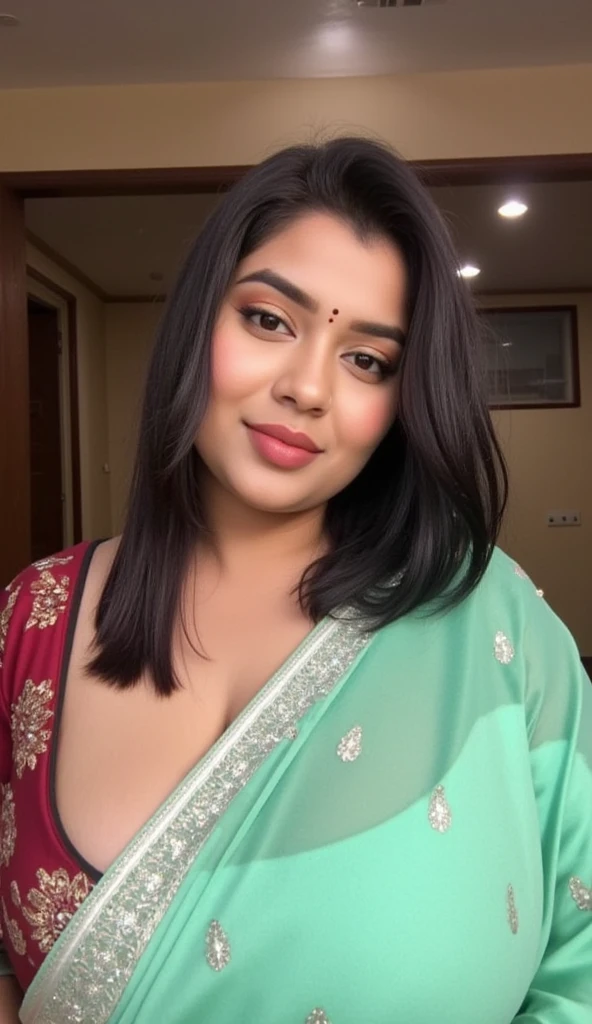 Indian BBWs cute model 35 years old marriage women life like, high - resolution bbw women with a perfect figure Super fine face and eyes, slong hair, ocean sea beach background top colour bikini , Wearing a traditional saree, bulky figure, huge big extra large and , full chubby body, looking front, fair complexion, pond backgrounds. Hung breast, Plus size model, 4k, 8k,