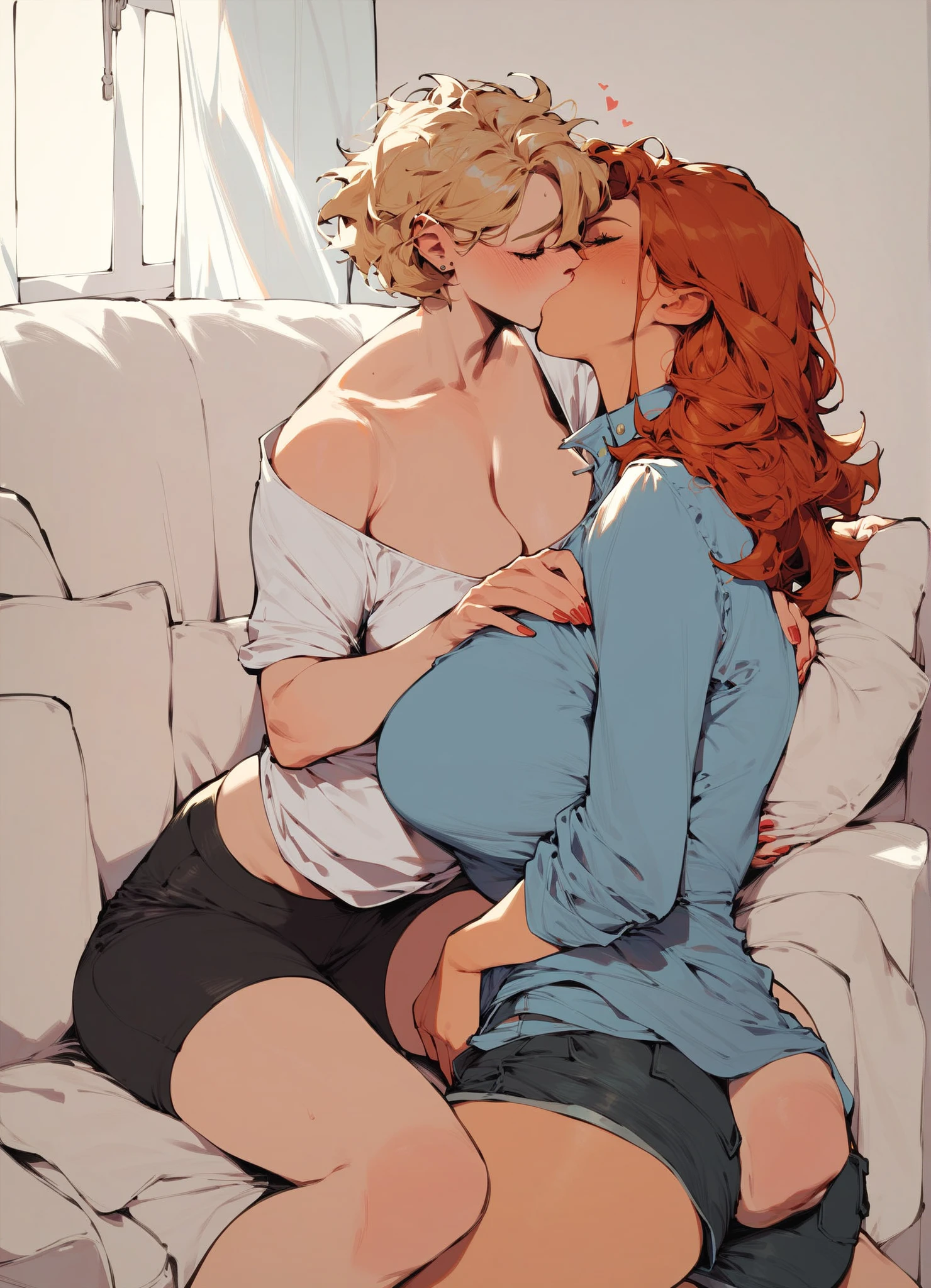 (best quality,highres,realistic:1.2),medium:furry girls, beautiful detailed faces, close eyes,long eyelashes, soft and flowing fur, sensual kiss, loving embrace, cozy and warm sweaters, camouflage patterned unzipped pants, relaxed poses, comfortable atmosphere, intimate lighting, vibrant colors