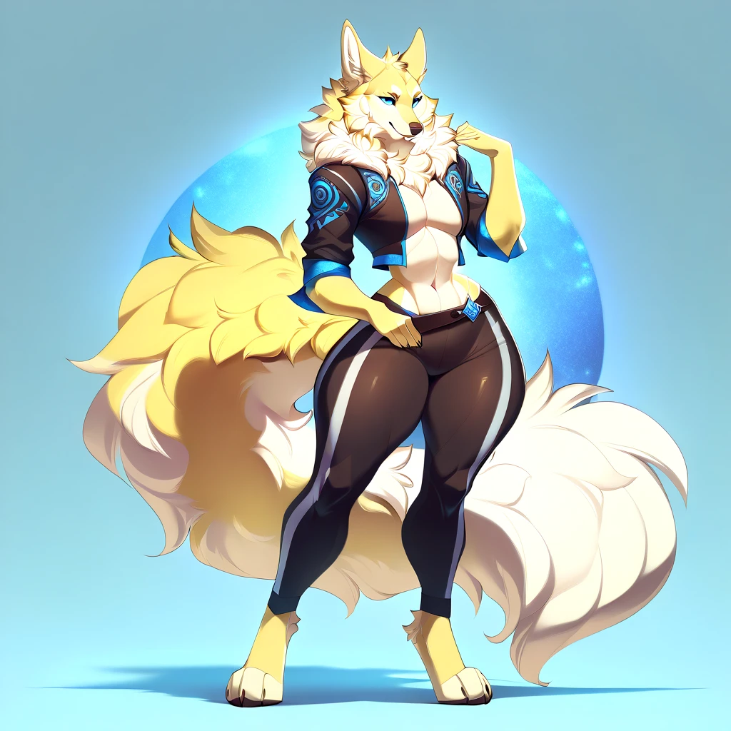(best quality, highest quality, intricate, highres, 8k, anthropomorphic Sexy Pretty, furry, uploaded_on_e621:1.4), (furry:1.2), Female Wolf, White/Grey fur, tail, colors elements on fur, Large breasts, Wide hips, Narrow waist, clothed, destiny, (See-through Sports Bra and Spandex pants:1.2), standing, Hand on hips, Hips swaying, Sexy pose, very happy, beautiful Front view, pov, close-up, beautiful lights and shadows, ambient light, ultra-detailed fur, volumetric light, (extreme detailed eye's:1.4), she is saying hey there big boy