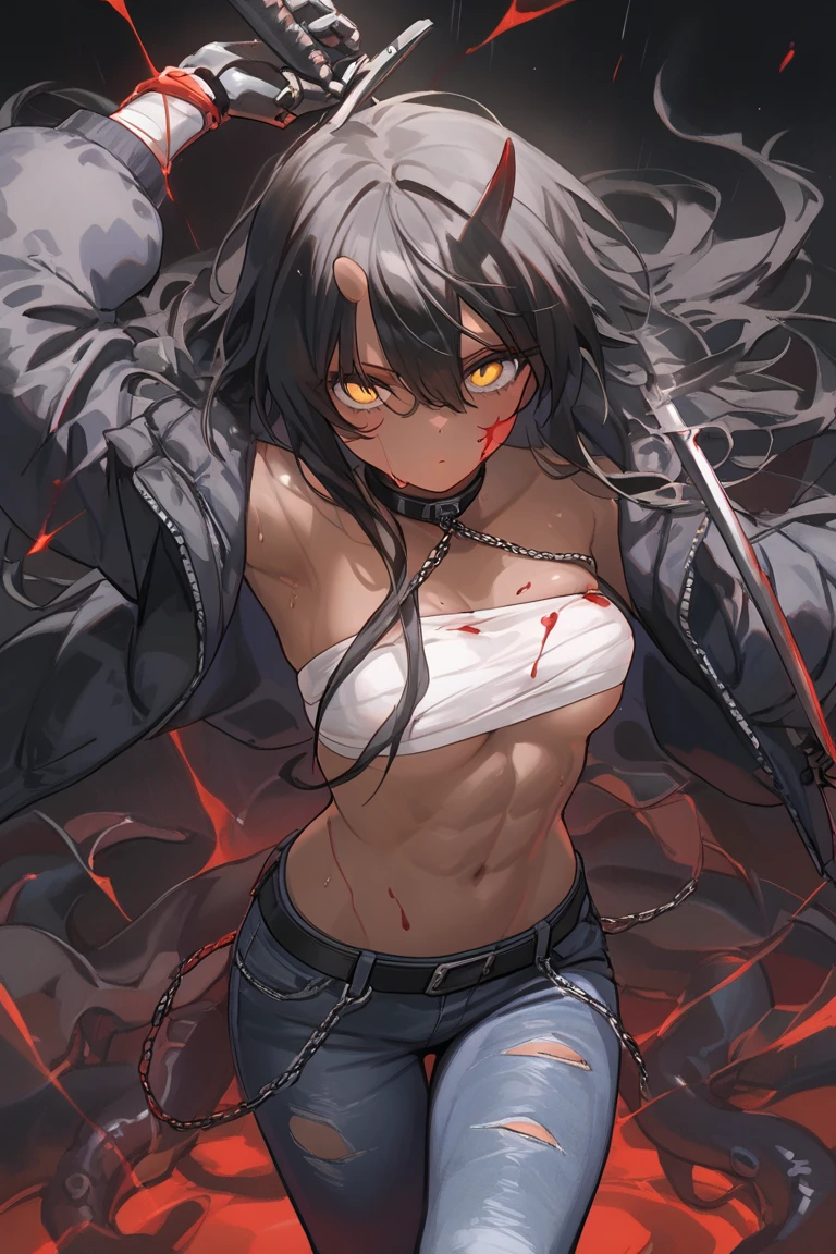 1 girl, (dark skin:1.2), shy, cute, cold expression, (8k, RAW photo, best quality, masterpiece:1.2), (realistic, photorealistic:1.2) (ultra-detailed, Super detailed:1.2), vivid colors, studio lighting, portrait, Yellow coloured eyes, blank eyes, Night clouds background, Aesthetic, romantic, Luna, Vampire, wearing goth collar, black hair, unbuttoned white shirt revealing her chest, smirking revealing her tiny sharp fangs, (small chest:1.1), (scars on chest, cuts in shirt, messy hair, blood on scars, blood stains on shirt, tired, Covered eye with an eye patch:1.1)