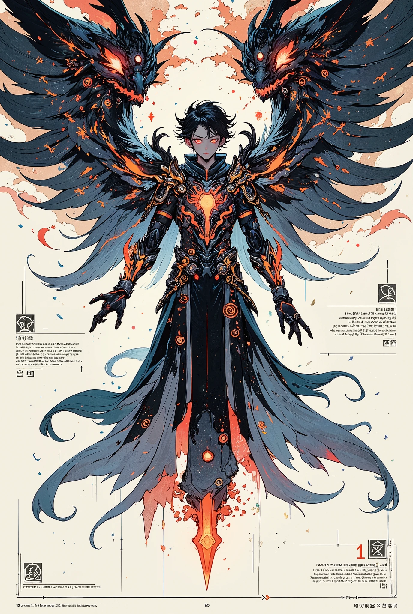 a detailed character concept illustration of a age boy with delusional dark-fantasy aesthetics, shown in a full-body standing pose for game design reference, wearing an exaggerated black trench coat with silver trims, leather belts, glowing red eye patch, and fingerless gloves, wielding an invisible or magical weapon in one hand, his expression is serious and overdramatic, background is plain parchment or light gray with notes and annotations, presented like a video game character sheet, stylized lighting, ultra detailed, concept art style, masterpiece, best quality