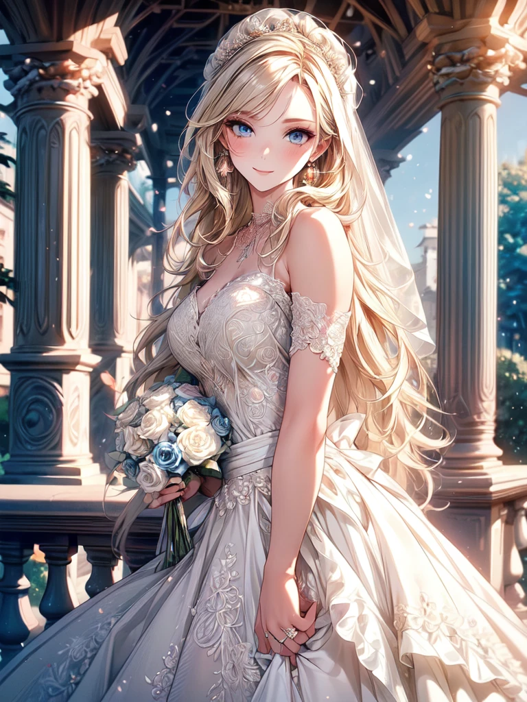 (masterpiece, best quality, beautiful and aesthetic:1.3), looking at viewer, 1girl, solo, light smile, (makeup, long hair, light beige hair, blue eyes:1.2), Octane Render, bridal veil, lace-trimmed dress, see-through, wedding dress, outdoors, white roses, garden, morning, standing, extreme detailed,