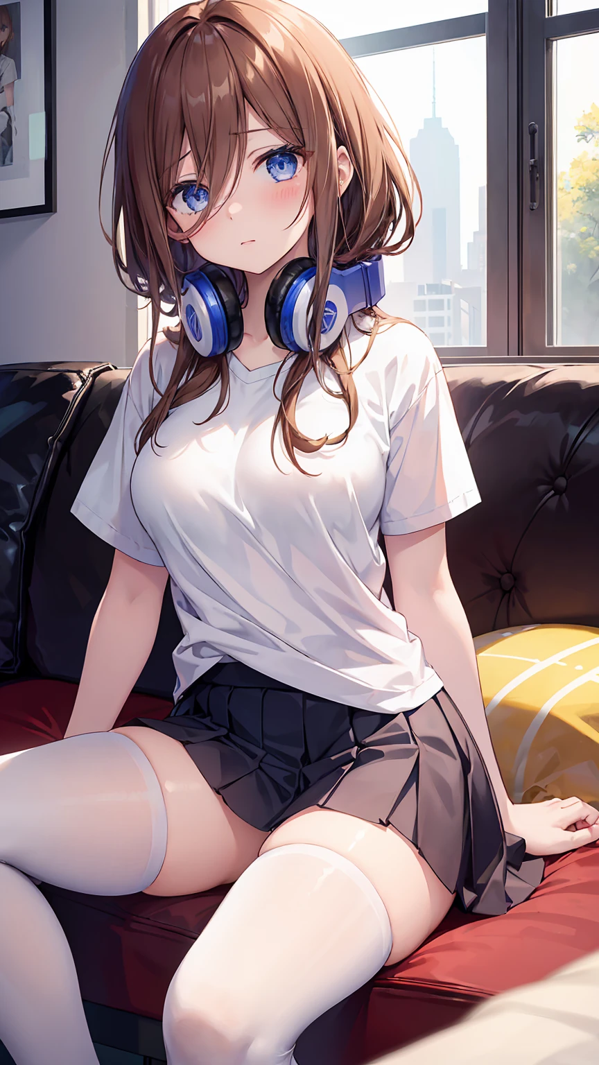 Girl with headphones enjoying music in a cafe I am studying Emphasize a little bit of the chest
