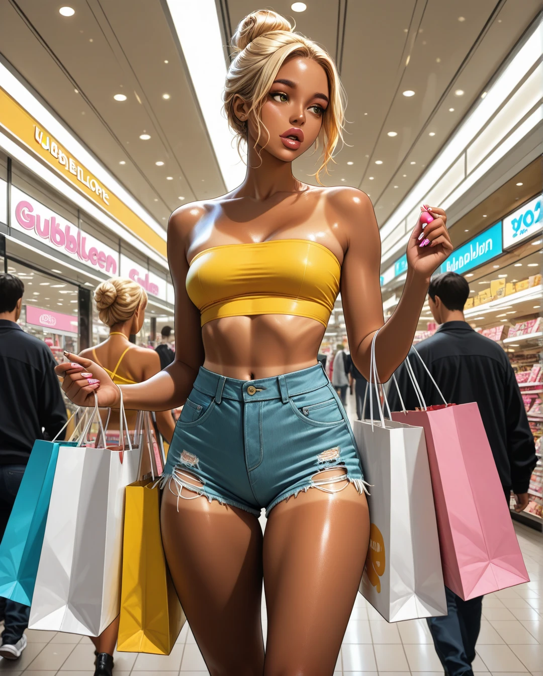 masterpiece,highest quality,official art,Highly detailed CG Unity 8K wallpaper, 1 cute tanned girl, black bra,black bikini,flat chest,toned body,barefoot,shopping bag,Iinside the shopping mall,ponytail,blonde,I',smiling face tanned skin,Standing in a bright store,sexy pose,((ultra wide angle photo)),The entire body fits compactly in the center,full body,surrounded by people,
