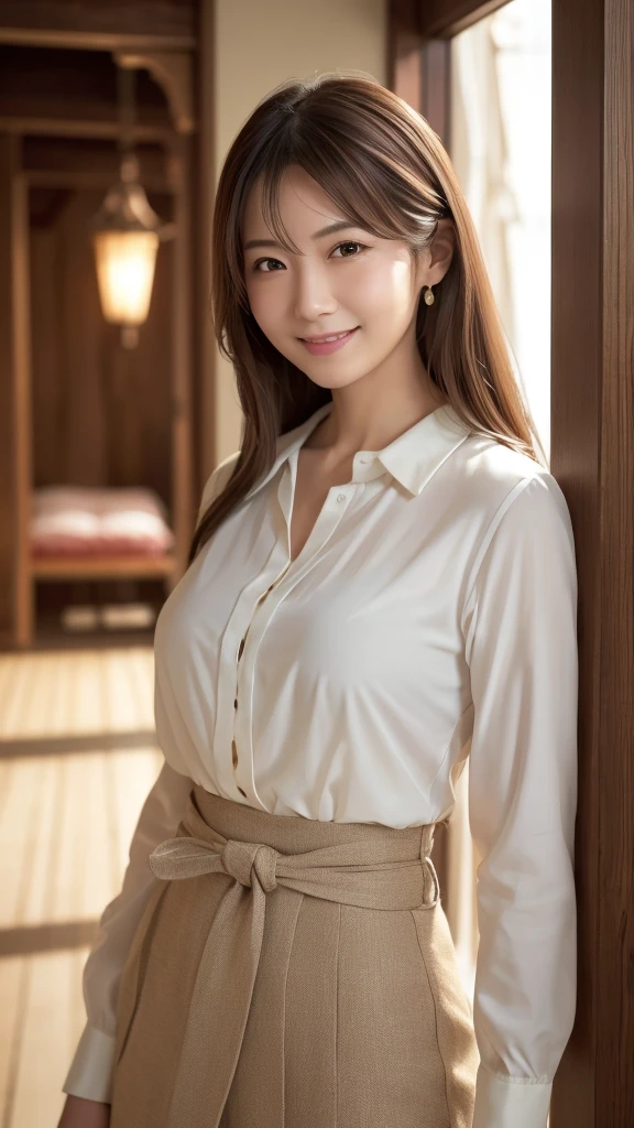 Highest quality,  High resolution, realism, Original photo, 8k wallpaper, Perfect perfection, Professional Lighting, Very detailed, beautiful woman with depth of field)), Photo from directly in front、A photo showing the crotch to the head、((A 30-year-old neat and tidy female teacher)), ((Smiling face looking at the audience)), Detailed face, Beautiful Eyes, Beautiful medium sized breasts、Wide ass、Good style, (Sexy look), Very light brown hair、Lightly wavy hair、 (Thick lips)、White neat blouse、Pencil Skirt、