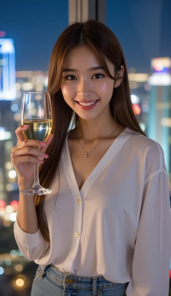K, uhd, top quality, masterpiece: 1.2), (realistic, photorealistic: 1.37), Super detailed, Celebration, 3 women who love wine, 3 men, champagne, Sparkling wine, Winter night, Banquet of wine in the restaurant, (4 thin men and women), (wine for 5 people)、(Thin face),Happy、Best smile、Fox face、Raccoon face、Berry Short、(Because I'm thin), ( brown hair), (shortcut), long sleeve shirt, winter fashion, Colombian, Brazilian, Japanese, Dutch, German, Portuguese, Belgian, Italian, French, Mexican, (laughed), (slim body), (brown hair ), (short), well-groomed beauty, rosy cheeks. a small, (41 years old), 38 years old, alone, A beautiful and detailed night view stretches outside the window..., restaurant, Sitting wine glass, At night, in a prominent place (from the top of the body) rana nova style, actress, model, upper body, white wine, medium sagging breasts, long wavy layered hair falling in front, wine glass, super clean night view, wine glass in the middle, happy smile , (smile: 1.15),