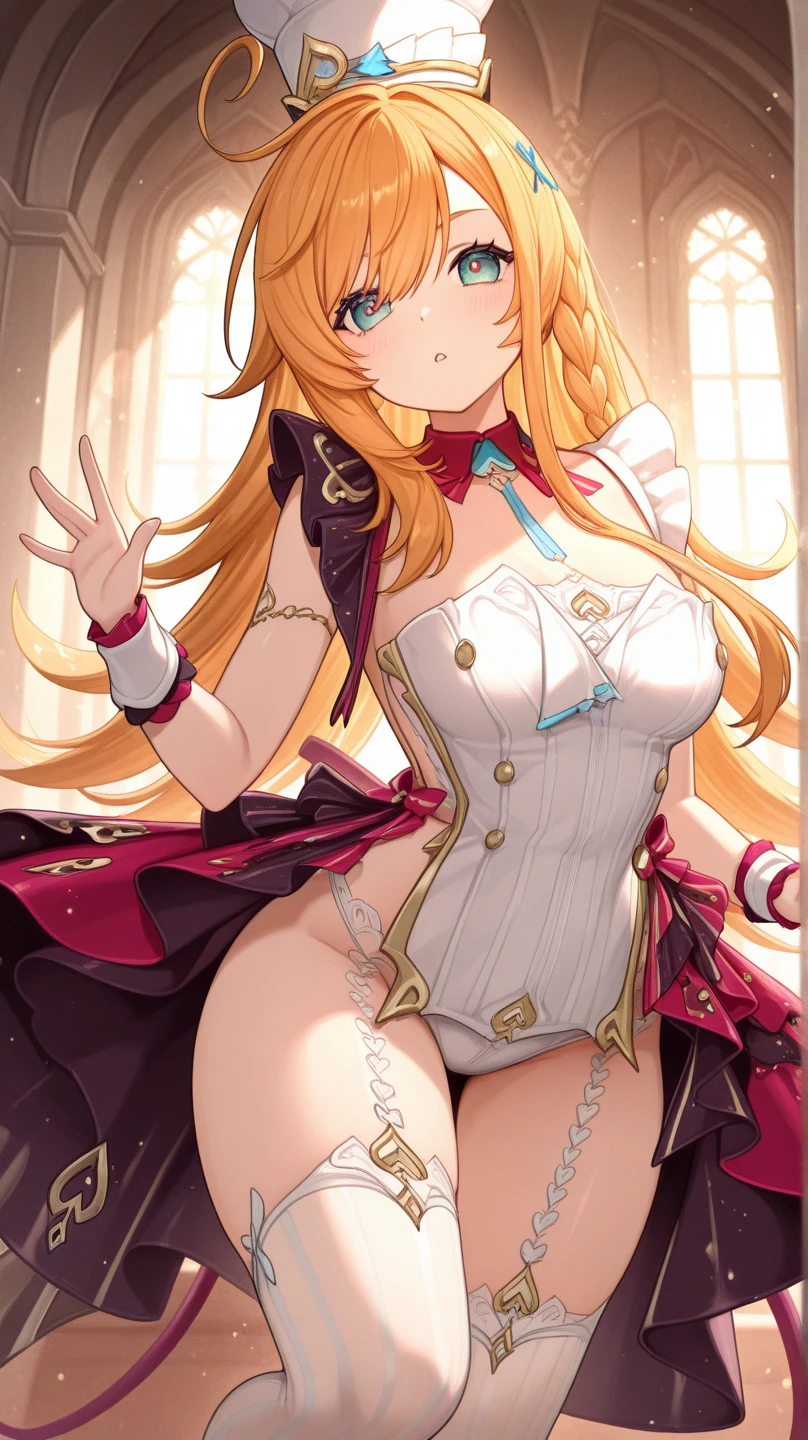 highest quality、one girl,full body figure,big boobs,big boobs,Perfect five-finger、two perfect legs、two perfect legs、Pecorine、、Pecorine、long hair、shy face、perfect thing、big breasts、detailed description、small details、detailed face、white skin、Voluptuous legs、Skirt flip、lift skirt、White panties、whitepanty、erotic pose、turn around、look back、Pose that emphasizes the buttocks、arm belt, armor, ascot, blue socks, boots, dress, gloves, hair ornament, open clothes, open dress, pauldrons, pleated skirt, puffy short sleeves, puffy sleeves, red ascot, red skirt, short sleeves, shoulder armor, single pauldron, skirt, socks, white dress, white footwear, white gloves,