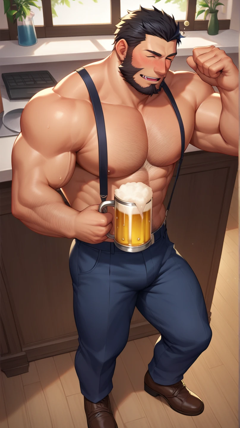 Middle-aged man, masculine face, light brown eyes, short, wavy brown hair, drunken expression, with a mustache and no beard, muscular and very hairy body, huge hairy chest, huge biceps, oily and shiny skin. He is holding a mug of beer in his right hand, wearing a wet white shirt, rectangular glasses, beige pants, brown shoes, and standing in the living room.