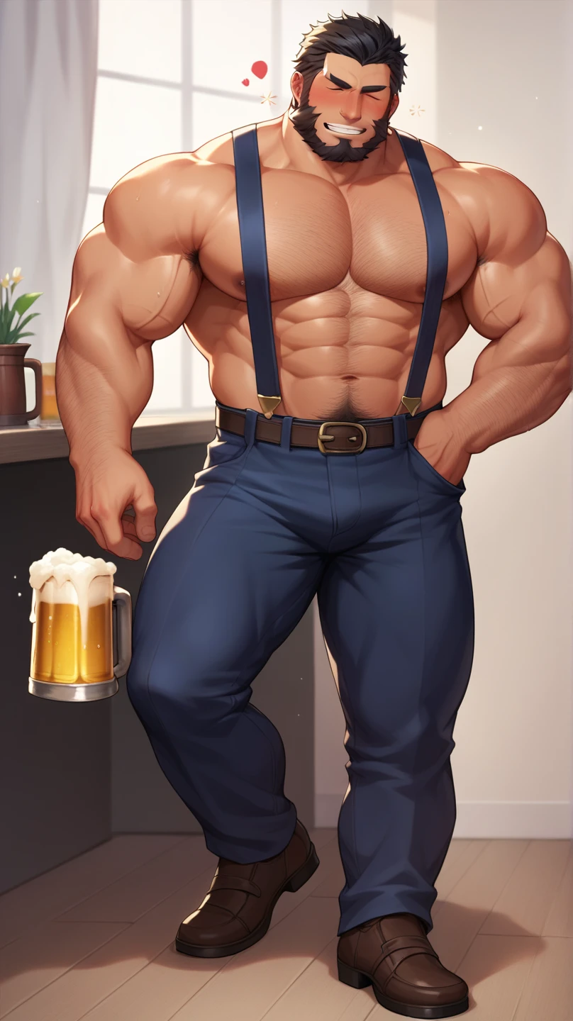 Middle aged man, male face, Light brown eyes, short wavy brown hair, Drunk expression, with mustache and no beard, muscular, very hairy body, huge and hairy chest, large and swollen nipples, Huge Biceps, shiny oily skin. He is holding a mug of beer in his right hand, in a wet white blouse, rectangular oculus, beige trousers and brown shoes. He&#39;I&#39;m in the living room at night.