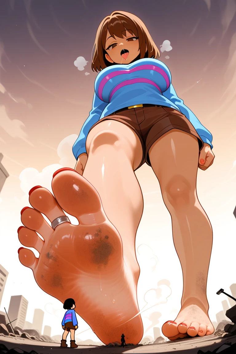 （Giantess Elementake the city tiny、High resolution、high resolution、High quality、Accurate body structure、Detailed body）Dark brown hare female、Big muscles、bodybuilder、Very muscular body、Make it super huge、Shining Sweat、Sweating、Wet body、Height 50,000 Foot Giantess、Tiny Town、Glowing Skin、smile、、White underwear、White bra、White panties、Anatomically correct、Accurate human body、Destroy a tiny city、Accurate skeleton、Semi-long hair、Great impact、Coming towards us、Epic、Low - Angle、Giantess Elements、Draw a woman in a big way、Tiny Town、beautiful elements、Cute elements、Underwear elements、Realistic elements、Very beautiful face、Cute underwear、Gazing into the distance、Stomp tiny buildings into rubble