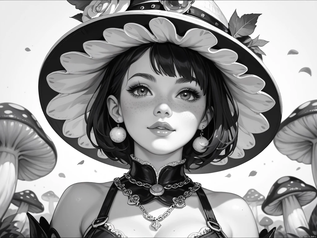 Woman in elegant Victorian dress, flowers on her head, orange flowers in the background, a skull painted on her face, skull necklace, round black eye makeup, large flowers drawn on her forehead, green skin, witch, witch’s hat,