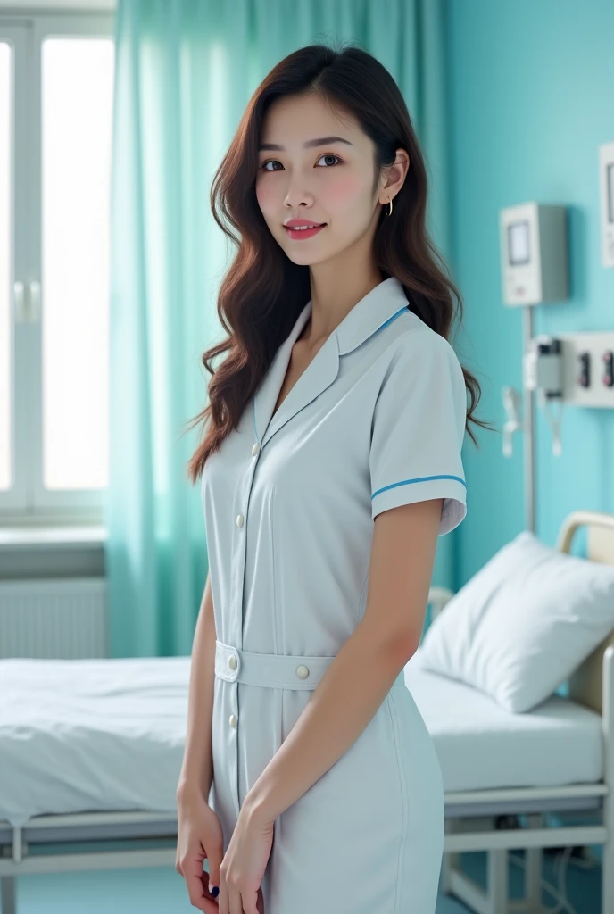 Enhanced dynamic perspective,Cute lovely beautiful girl,Nurse uniform ,Big breasts,full,Look at me and smile,Simple background,masterpiece,high quality,4K resolution,Ultrafine,detailed,precise,light,