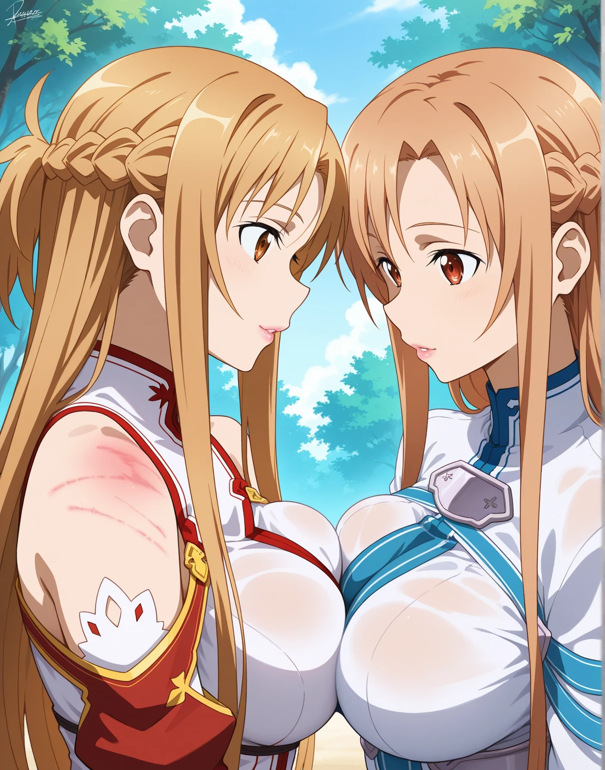 score_9, score_8_up, score_7_up, score_6_up, score_5_up, score_4_up, (source_anime), sword art online, 2girl, ((asuna)), ((yui)), Sweaty, Slim waist, small breast, big breast, sagging breast, thick thighs, puffy nipples, (sucking breasts), Very embarrassed, size difference, fat pussy, Sitting on lap