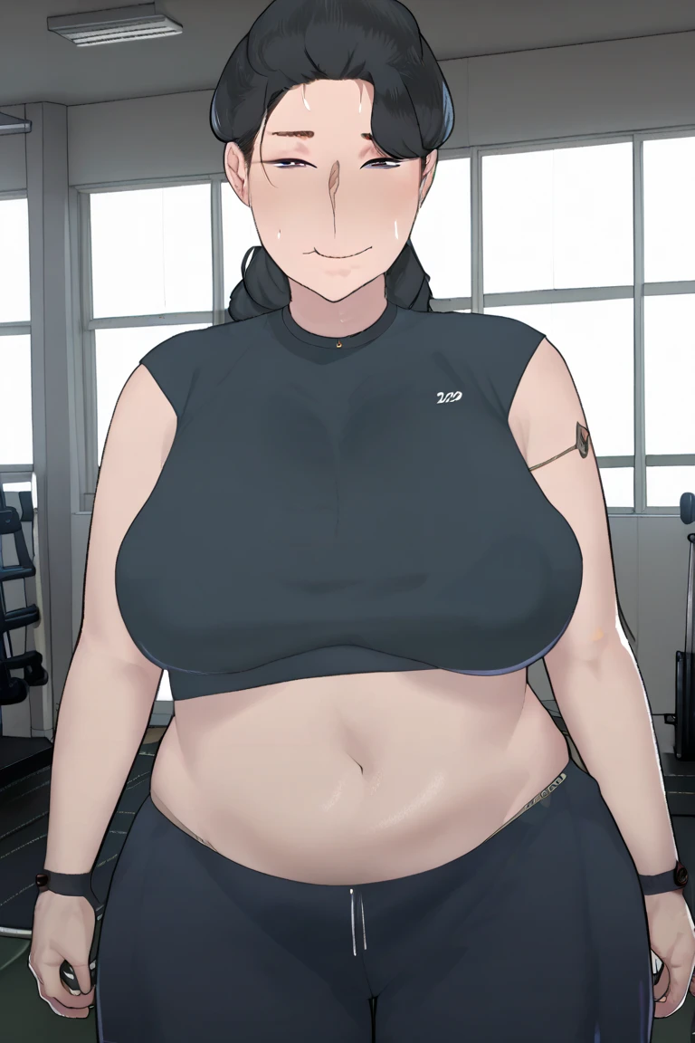masterpiece, absurdres , (intricate details), (colorful),cinematic lighting,bust shot,extremely detailed CG unity 8k wallpaper ,hinata\(boruto\), 1girl, solo,mature female, arm up, looking at viewer, sports bra, locker room,cowboy shot, chubby belly, chubby, curvy. gained weight, fat, cleavage. overweight, squishy. fatness.