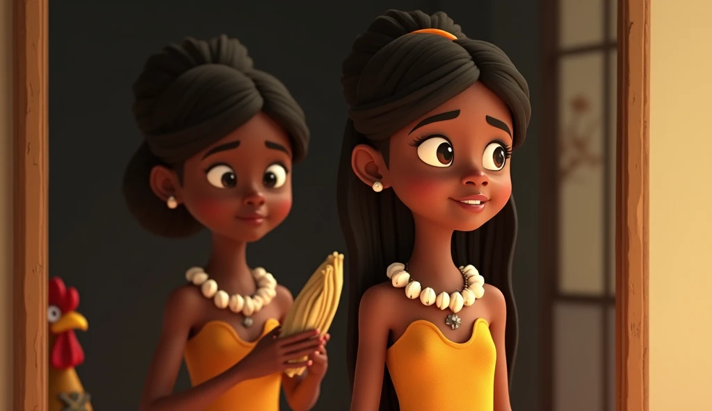 Black woman. Brown skin. Long flowing black hair. Flower styled dress. Sitting and smiling with friends. 3D animation style. Ultra high quality
