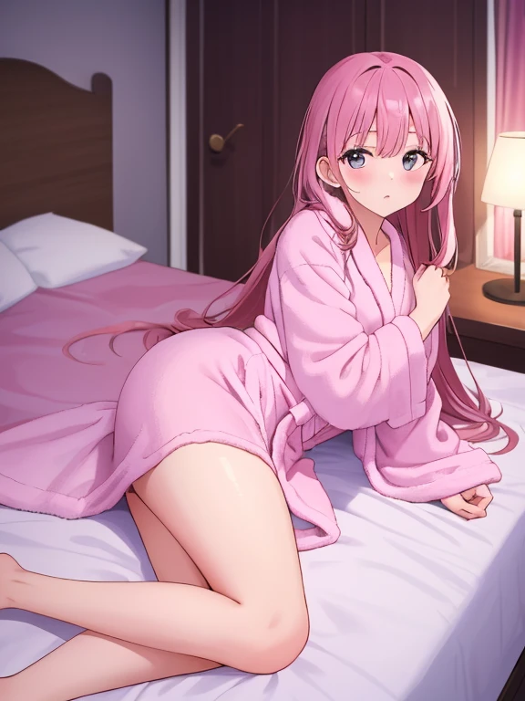 sexual, exposure, japanese anime, on bed, beautiful face, beautiful legs, lying on bed, 1 female, pink underwear, detailed, 8k, ((opening both legs)), pink hair, sparkling pink light, Sparkling very dark room, M-shaped legs, With legs apart, night, at night, front、Facing front、gently smiling, whole bodyが見える, 4K quality, goddess, Cute Moe Anime, Healing, clear, A kind smile, Anime style Japanese hairstyle, Beauty, Clear Eyes, whole body, Cute face, Perfect Anatomy, Smooth, beautiful hair, both legs opened, Lying in bed、Thin legs、thighs, western-style lighting, With legs apart、pink clothes,