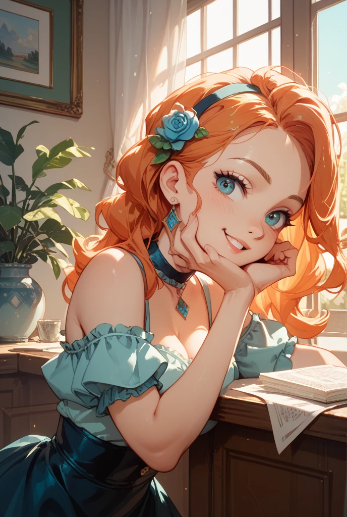 (masterpiece, high resolution,ultra - detailed:1.0),1 girl,Young and beautiful woman, ((freckles)), blue hair ribbon, eyes looking away from camera, ((grinning)), Perfect female body, (upper body), (flower shop), Extremely detailed CG,Unity 8k wallpaper,Complicated details, solo person, (blue eyes), diamond shaped eyes, long hair length, (orange hair), ((blue sun dress)), (((blue choker))), bare_shoulders, NSFW, diaphanous outfit, exposed breasts, cleavage, (hands behind back), happy, flowers,(rustic shop),Portrait,color difference, Depth of field,dramatic light, Ray tracing, Best quality, Cinematic lighting, official art,