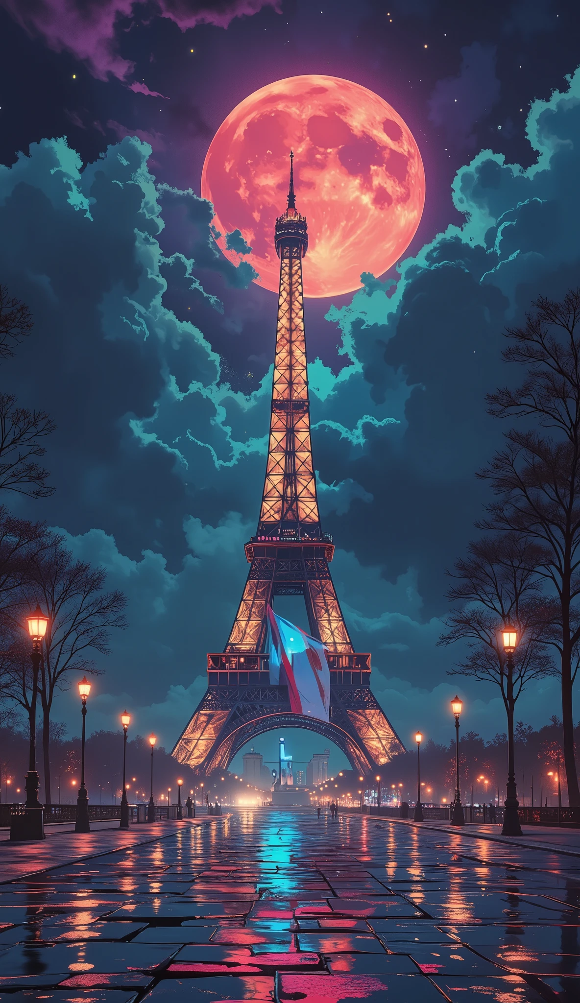 Eiffel Tower at night under a massive blood-red moon, the only red element in a dreamy pastel and vibrant nocturnal scene. Obsidian storm clouds above tinted with soft lavender and mint hues. The tower and banners illuminated by subtle pastel glows—peach, aqua, lilac—while warm street lamps cast creamy reflections on wet cobblestones. Tattered French tricolor banners flutter gently in the breeze. Wide-angle, low-angle view with delicate lens flare. Photorealistic chiaroscuro lighting render in Blender cinematic, Craig Mullins style, Best quality, 8K, ultra-detailed, dynamic lighting, high-contrast metallic textures, cinematic atmosphere.  
––no lowres ––no text ––no watermark ––no deformed limbs
