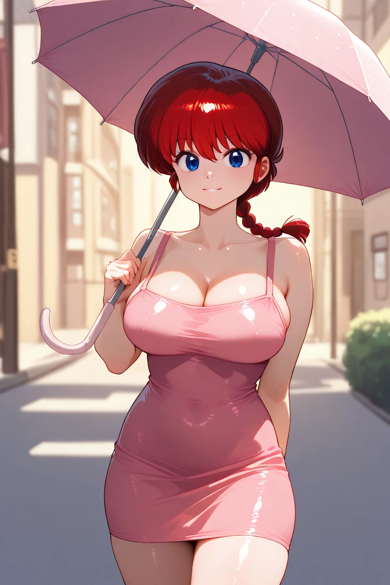 1girl, background, (ranma-chan), blush, red hair, big breasts, tomboy, one short pigtail, nighttime, hot breath, open mouth, dimmed lighting, standing, city, big ass, wide hips, toned body, wearing slutty prostitute outfit, micro skirt, midriff, prostitute, purple eyeshadow, (detailed fingers), thong peek, tight pink latex top, cleavage, ass, no bra, 5 fingers, pussy, cameltoe, pussy showing