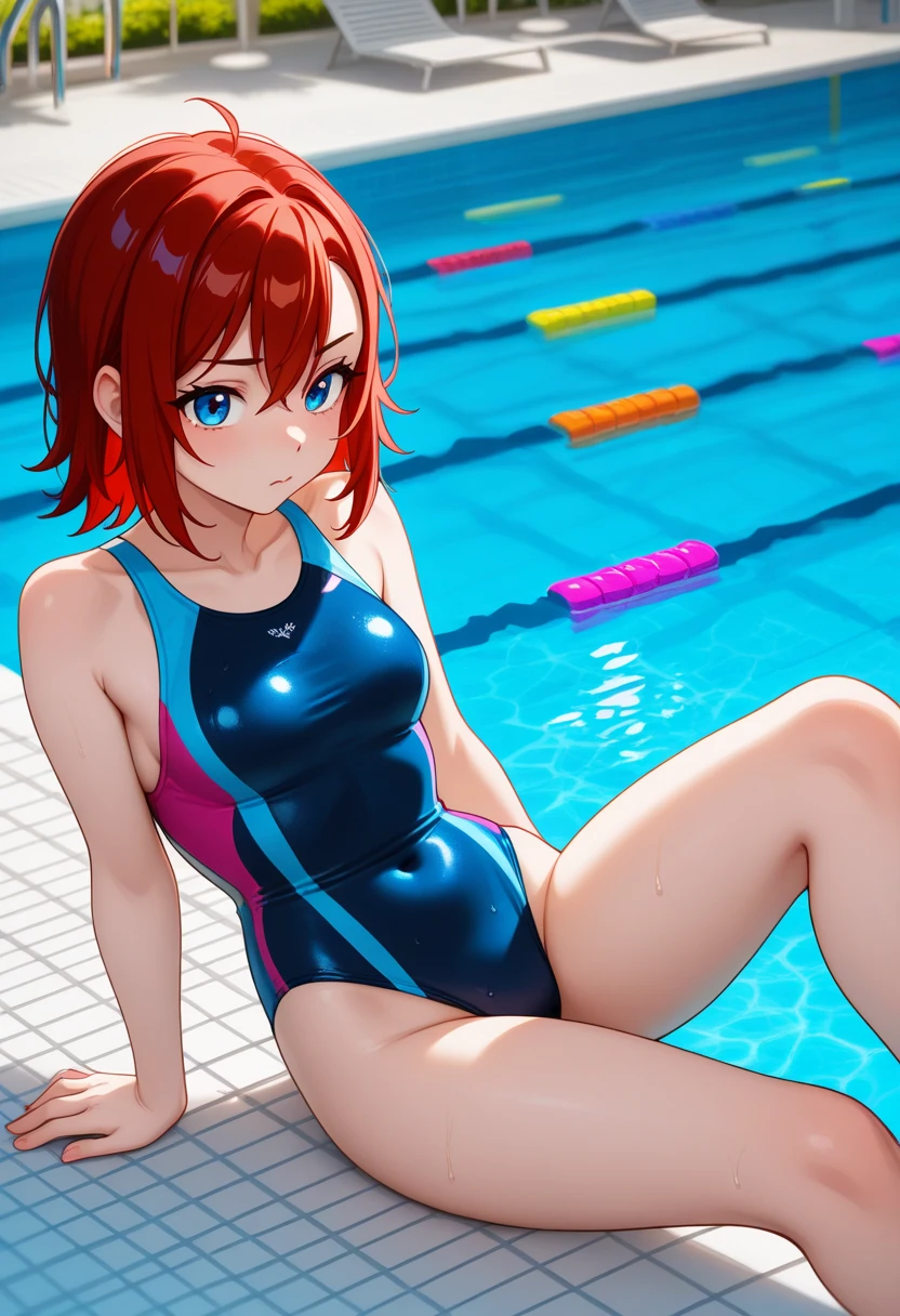 best quality, insanely detailed, nino nakano, one piece swimsuit, school swimsuit, breasts, blush, swimming pool background, back style