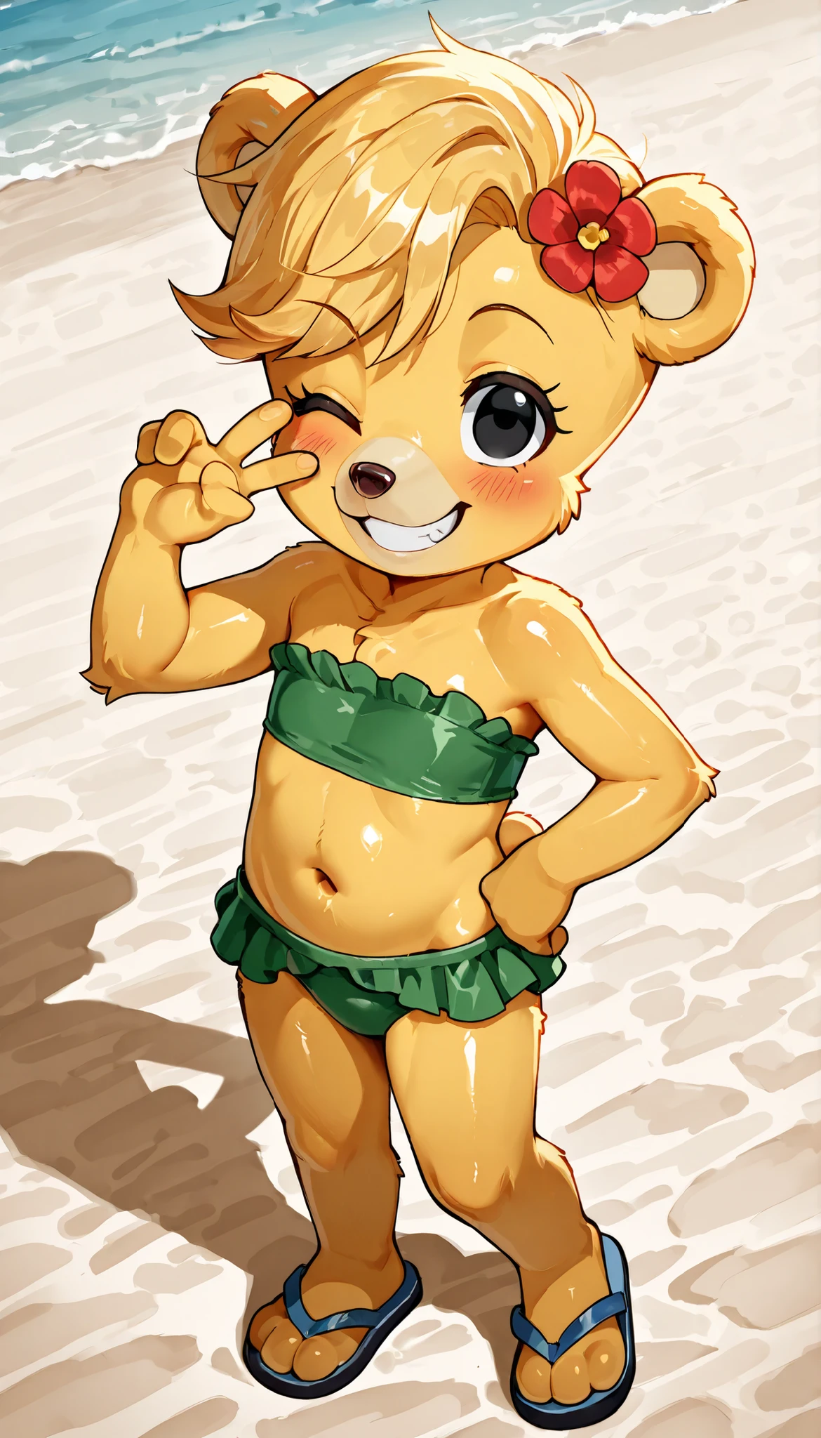 score_9, score_8_up, score_7_up, (masterpiece, best quality, very aesthetic, absurdres, source furry, shaded, 1girl, bear, furry female, Sunni Gummi, young, black eyes, smile, blush, blonde hair, messy bangs, bear features, bear ears, bear tail, yellow body fur, red animal nose, ((flower on hair, green bundeau strapless frilly bikini, flip flops)), beach on background, sassy face, anime style, glistering body, navel, shiny body, oily skin, sexy, full body, feets with three toes, adorable, action stance, peace sign with one hand, one hand on hip, confident, raised eyebrow, skinny, (wink, one eye closed), idol pose,