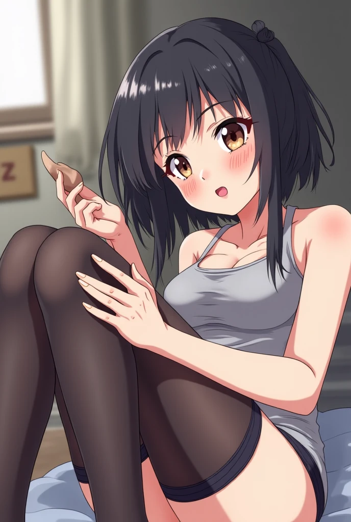 Sit on the sofa,looking ahead,from above,handjob,side view,face focus,open mouth,tongue out,cum on tongue,lick,(1girl,Beautiful 14 year old girl),((Slender,Small breasts,Baby Face,Small face,)),looking at viewer,Black Hair,bangs,two side up,Gray Eyes,Drooping eyes,slit pupils,narrow eyes,collarbone,white t-shirt,off-shoulder look,Black short skirt,Beautiful and detailed anime art,Mischievous smile,Dimly lit room,Simple Background,Gray background,Low lighting