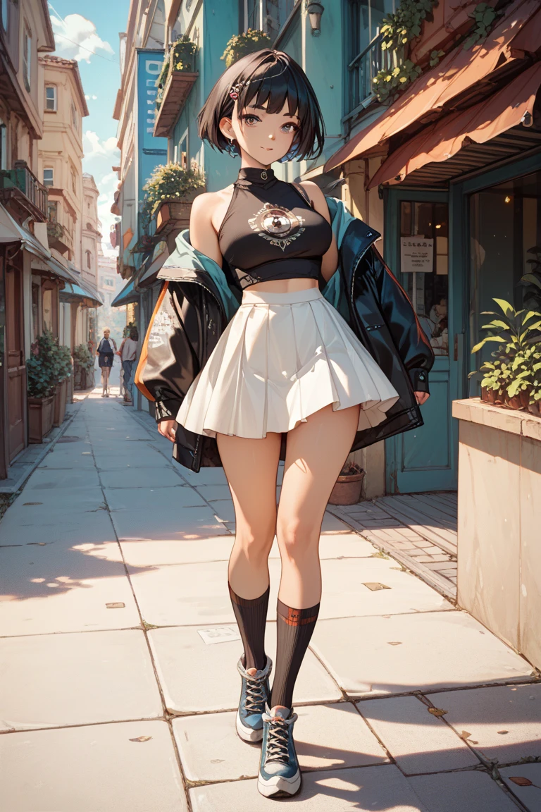 A 28-year-old Japanese woman is walking down the street.、she is wearing casual clothes、She wears a cap with a black brim and a white front.、she is wearing a long black skirt、She is wearing a peplum blouse、She's looking at us、She is a slender woman with dark brown hair and a fluffy long bob.、small breasts、slender、A cup breasts、An illustration、二次元An illustration、Japan anime、drawn by Japanese ilastrator、high resolution、4K quality、high quality、High resolution、5 million pixels、high detail、