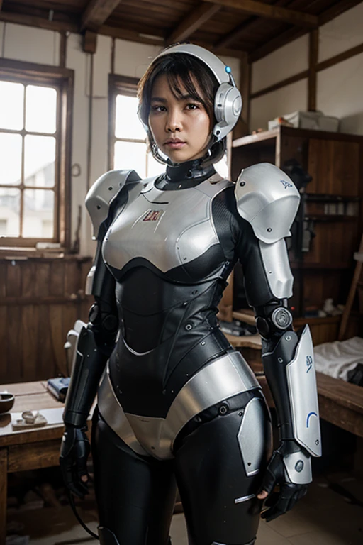 masterpiece, best quality, extremely detailed, Japaese android girl,Plump , control panels,android,Droid,Mechanical Hand, Robot arms and legs, Black hair,Blunt bangs,perfect robot girl,long tube,thick cable connected her neck,android,robot,humanoid,cyborg,japanese cyborg girl ,robot-assembly plant,She is assembling now,assembly scene
