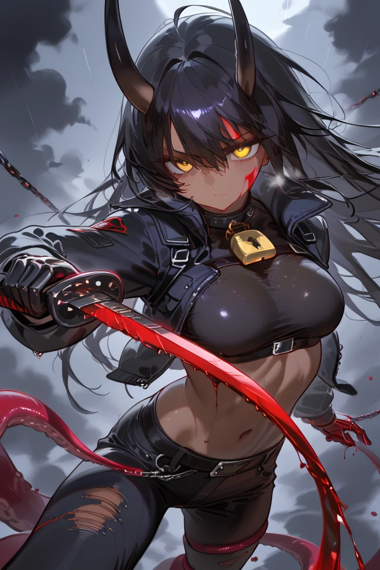 ((ninja woman, ((cloth covering her face)),((Black bodysuit, open zipper on the pussy, with a belt, with two swords in the sheath on the belt))),((gigantic breasts, naked breasts, naked pussy, erect breasts, cupping breasts)),((rock hair)),((brown eyes, desperate face)),((standing, in a haunted forest, at night)),((1 arm behind the back)) ,