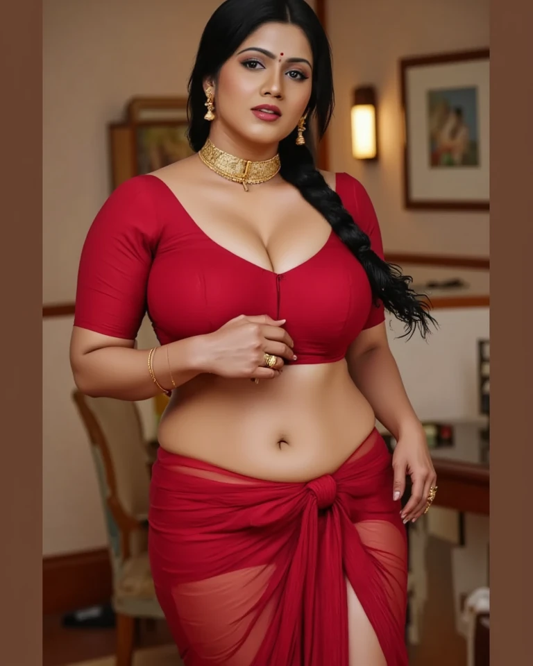 Indian woman masterpiece, best quality, ultra-detailed, (warm hue, warm tone: 1.2), wearing longer blouse
, 20 years old, (chubby cheeks:1.1), (curvy body:1.2), (bindi), An Indian beauty, charismatic, light Indian- skin, view the viewer, naughty smile, Indian village,fat Chubby big Cleavage cinematic light, side lighting, ultra high resolution, best shadow, RAW, seductive look, 4k