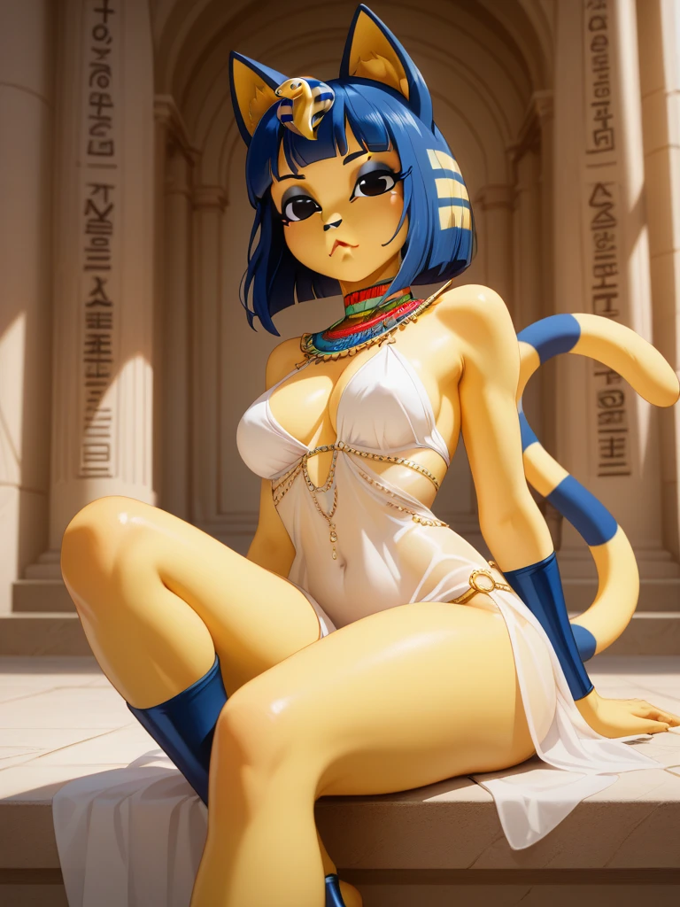 woman in her 20s, dark skin, Arabian, (perfect face), defined jawline, beautiful lips, (beautiful bright yellow eyes), black eyeliner, (athletic body), (sexy), thick thighs, (short dark blue bob haircut, straight bangs), (dark blue wolf ears), (perfect hands), (white strapless Egyptian queen outfit), (exposed midriff), (long white maxi skirt), ancient Egyptian jewelry, sitting on a stone ledge, looking at viewer, (medium shot photograph), (river oasis background), photorealistic