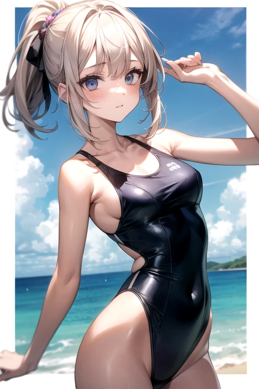 highest quality、Realistic、female、Japanese、zoom、cute、Gray Eyes、Chestnut Hair、Bonytail、swimsuit、slender、Small