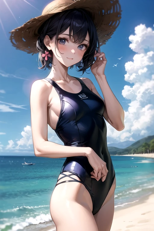ランダムなポーズ、Random patterned swimsuit、Random patterned swimsuit,Swimsuit,Blushing、short hair、Black Hair、Pale purple eyes、Head to toe full body、Blushing、Embarrassed look、Composition from the front、A view from slightly below、school swimwear、Acme Face、Random pose、, 、nsfw、Highest quality、1 girl、solo、Ocean、Sandy Beach、Sexy pose、Random pose、Blushing、wet、Embarrassed、I can see half of my 、、One piece swimsuit、(Strap slip:1.3)、