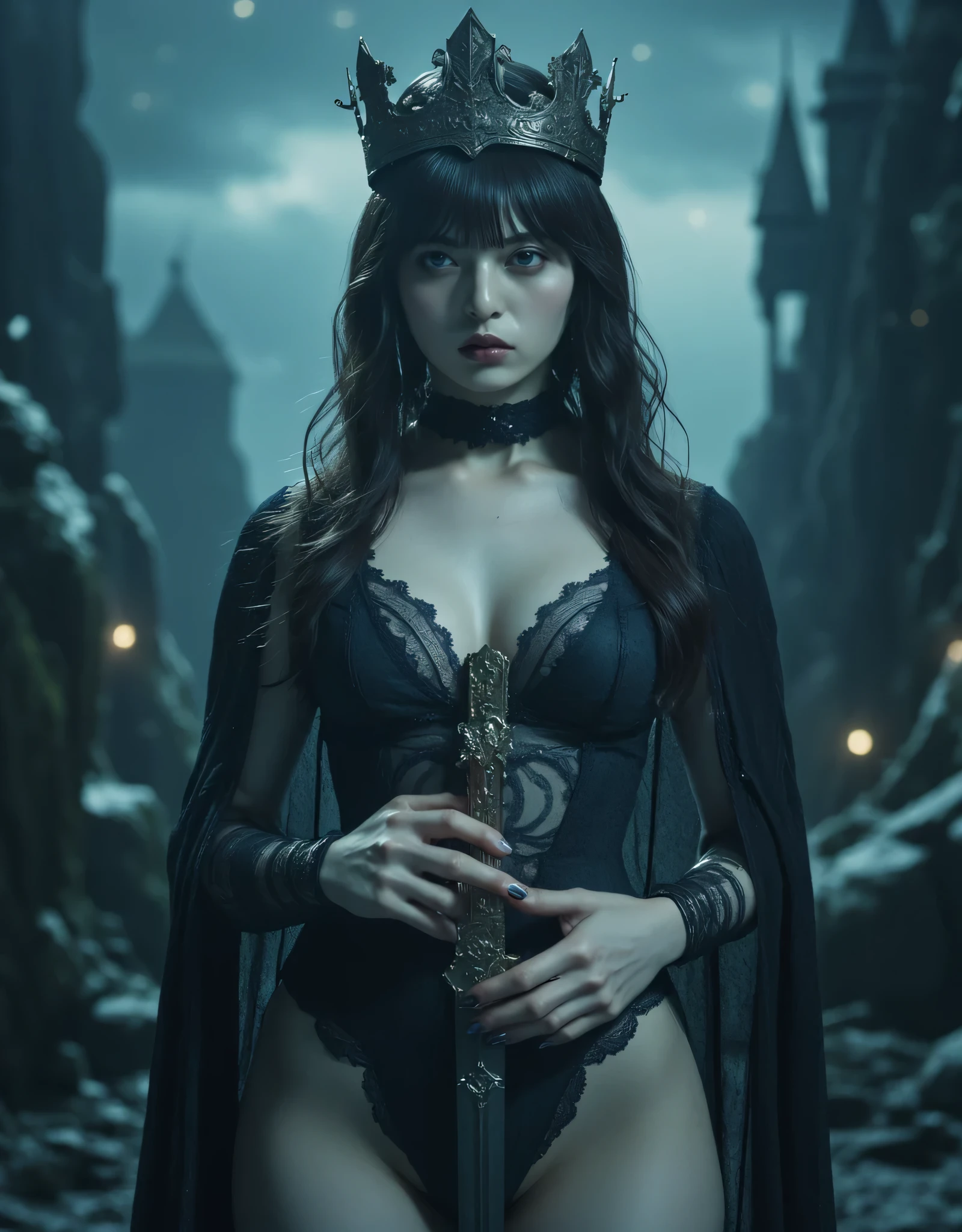 (((On the top floor of the Dark Castle:2.0))),((Night sky with constellations:2.0)),(((Gothic, dark horror atmosphere:2.0))),(((Lift the large, shiny copper sword above your head with both hands:2.0))),standing figure,((The body is transparent:2.0)),One female ghost,((super cute face:2.0)),(Beautiful well-balanced face :2.0),(wavy dark hair:1.5),(Beautiful Eyes:1.5),glamorous shot of a 20-year-old Japanese woman,beautiful slender body,((Model Body:2.0)),((slim body:1.7)),perfect body line,ideal proportions,((Big Breasts:2.0)),((スリーサイズ90-58-86:2.0)),((G-cup breasts:2.0)),Big Breasts,((((Underboob:2.0)))),Bare thighs,Sensual Thighs,delicate body,(Glutinous meat:1.7),Natural Posture,((Realistic breast depiction :1.7)),carefully depicts limbs based on perfect anatomy,((Strong super high leg leotard in the style of the King of Darkness:2.0)),((super high leg leotard made of body-fitting lace that cuts into the impossible:2.0)),((A long embroidered cloak with an open front over a hi-leg leotard:2.0)),(Black lipstick:2.0),((Wear a black lace short veil over your head:2.0)),((((Coarse mesh fishnet stockings:2.0)))),(((Copper crown:2.0))),concept art,(top quality:2.0),(masterpiece:2.0),((超high resolution:2.0)),high resolution,UHD,(delicate depiction),carefully drawn,32k,((realistic skin texture:1.5)),(((super realistic:1.5))),carefully drawn eyelashes,very detailed face,highly detailed female hands, Sexy appearance ,very sensual,(Blurry, dim background:1.5),PROFESSIONAL PHOTOGRAPHY,(Cinematic Lights:2.0),((Rembrandt-style lights:2.0)