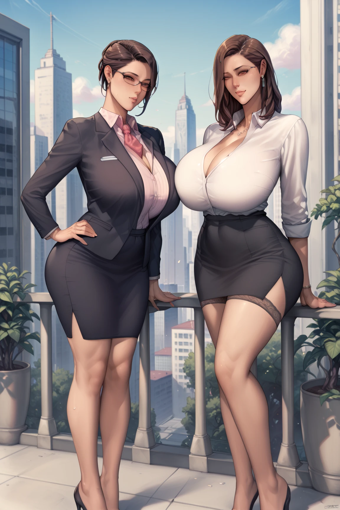 2girls, female, mom, milf, ear old woman, ((thick lips)), (puffy lipseductive smile, parted lips, makeup, tall, wide waist, ((wide hips)), (((thick thighs))), big ass, (huge bres) , saggints, cleavage, tall,reasts, n, see-through, arm glhighhighs, ((lace)), ring, (big earrings), necklace, indoors, office, ((sexy pose)), hip and thigh focus, realistic liing, head tilt, painted nails, dutch angle, hand on own chest, sitting, highheels, anklets, touching