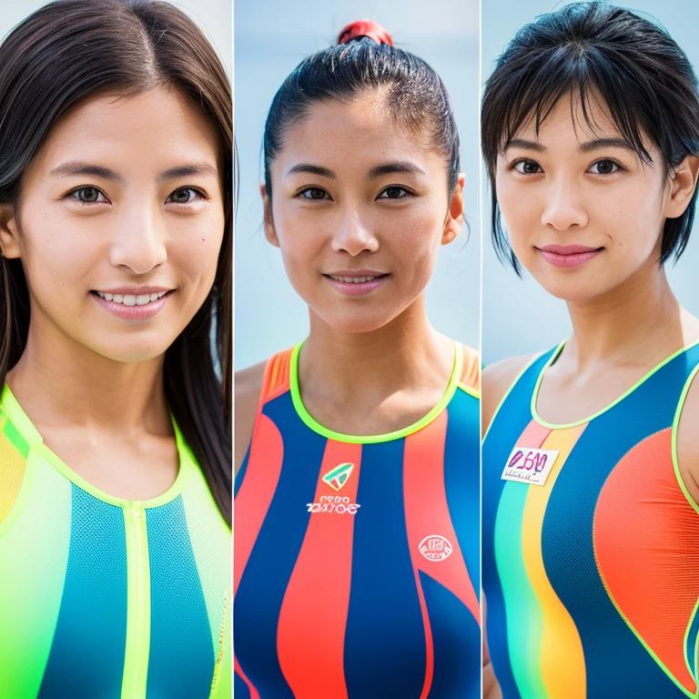 Tight, bright neon colored racing swimsuit smile muscular cute girl Group photo