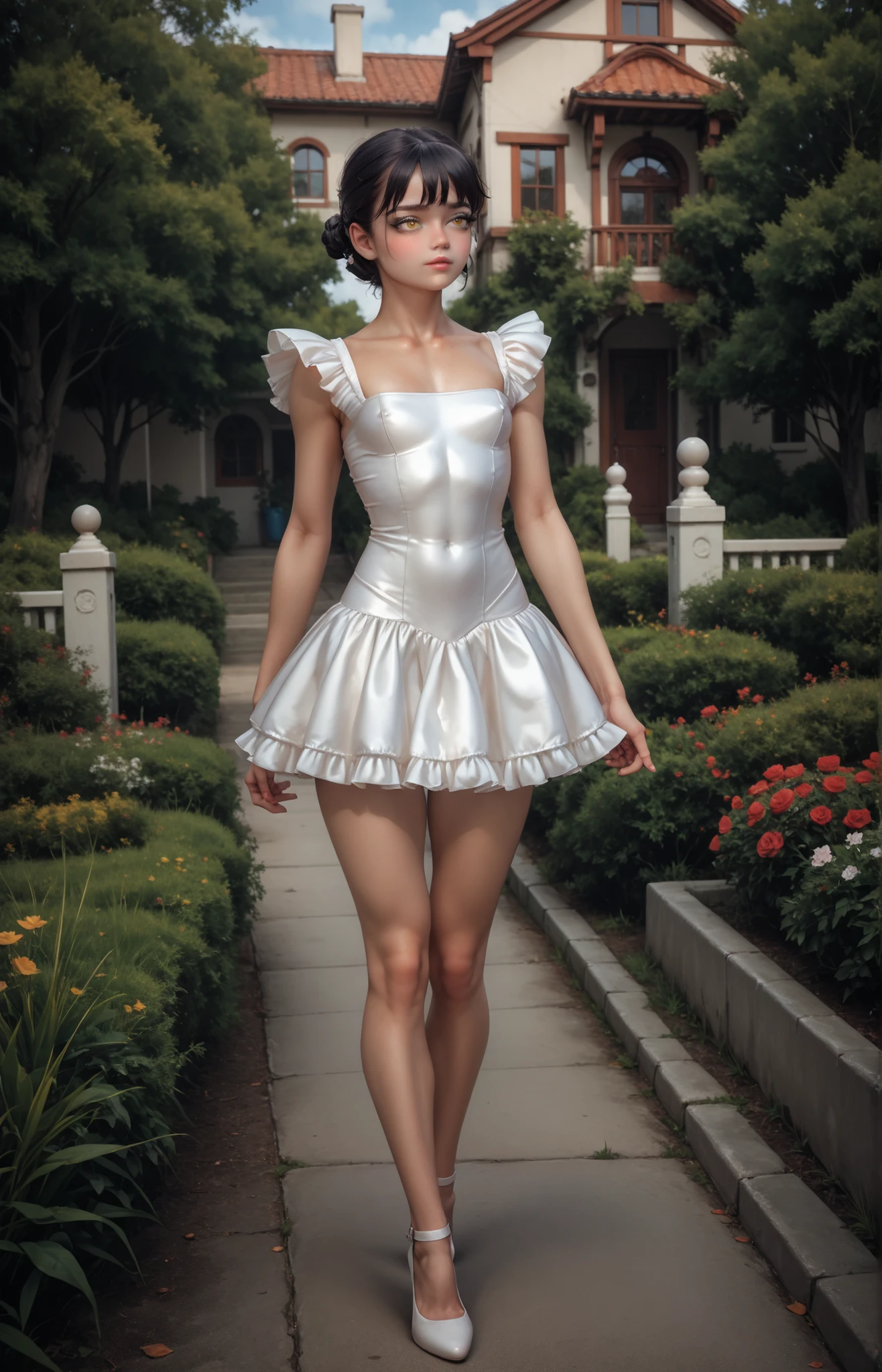 score_9, score_8_up, score_7_up, score_6_up, 8k, high detailed picture, anime style, masterpiece, very young girl, small perfect breasts, (thin, slender, narrow shoulders and hips, anorexic girl, slender legs and arms), hmuro, black hair, short hair, two sides down, yellow eyes, 16k, masterpiece, realistic style, perfect fingers, CyberRealistic_Negative_PONY_V2, light frilled dress, sexy dress, bursting small breasts, outdoors, Looks at a guy passing by, blushed with embarrassment, dynamic angle, cowboy shot, by dmitrys, light muscle girl, futanari with huge dick