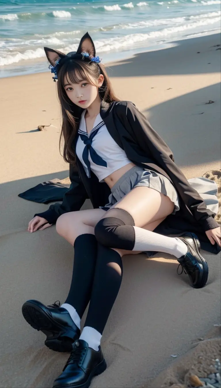 diana cosplay costume, animal ears, long jacket, bow, hair ornament, serafuku, neckerchief, long sleeves, socks, shoes, (1girl, sexly),Lie flat on the beach,Bird's-eye view shooting,Lift up the skirt with your hands,Very rich details,((Bare shoulders)), ((I-type Valley)), ((E-cup)), ((Visible cleavage)), warm sunlight,Soft sandy beach texture,(lifelike的皮肤:1.2),(Flowing hair:1.1),(Fine skirt:1.3),(Shadows and Highlights:1.2),(Ocean in the background:1.1),(breeze:1.0),(Clear skies:1.0),Intricate fabric details,Relaxed gesture,Gentle expression, Elegant posture,Smile,sunny,Delicate fabric texture,(lifelike:1.2),(high quality:1.3),(Natural light:1.1),