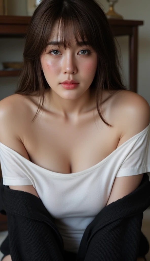 professional lighting,(Photorealistic:1.4), (超A high resolution:1.0), 8k, (masterpiece:0.2),(Highest qualityDetail:1.2)、Realistic、8k、High resolution、(1 girl:1.2)、超become closeな、High quality textures、Intricate details、become close、Very become close CG、High quality shadows、become close 美しく繊細な顔、Beautiful details and delicate eyes、(Symmetrical eyes:1.2),Written boundary depth、1 girl, Japanese Girls, (Troubled face:1.4),cute, thin, Beautiful Japanese Women,Very large breasts、areola is sheer、Cleavage、OL,Take off your suit、White see-through underwear、whole body