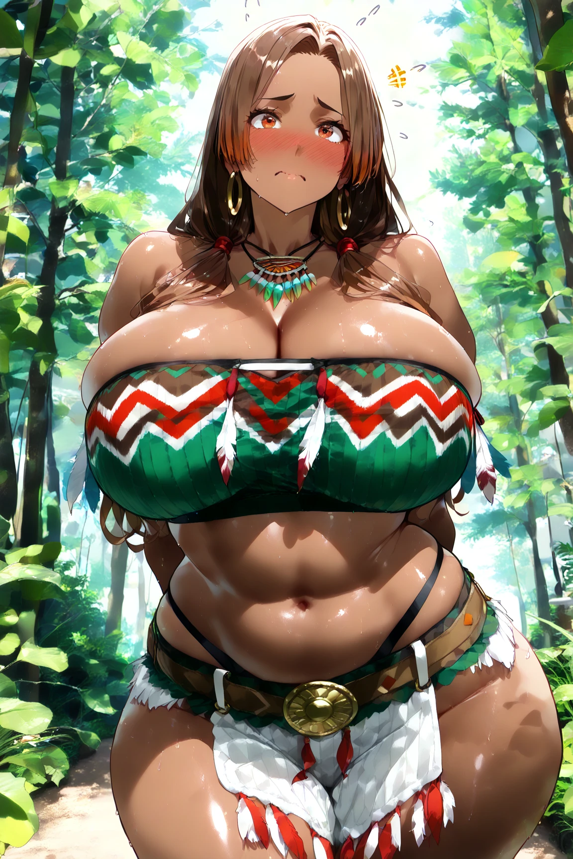 masterpiece, 1girl, nice_nature_\(umamusume\), twintails, skimpy native american outfit, breast, puffy nipples, blushing,thighhighs, jungle, deep forest, makeup, smile, looking at viewer, hand on own chest, hair bow, hair ornament, bare shoulder, sleeveless, tribal clothes, tribal tattoo, tribal fang ornament, fundoshi, blushing, cleavage, dark-skinned female, dark skin, tan, chubby, plump, obese, big belly,