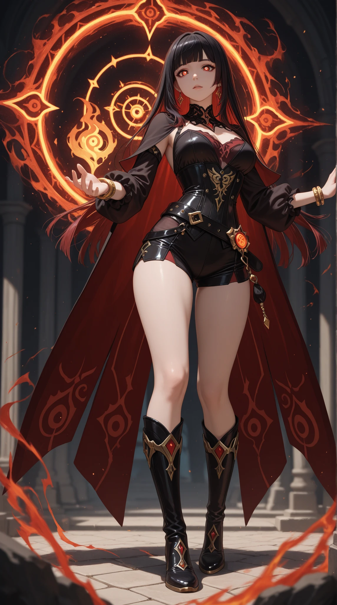 ((BLACK BACKGROUND,1:2, masterpiece)), full body MILF BIMBO standing with two long thighs and two metal sandals, red eyes, silver white hair, short bob style hair, big breasts, cleavage, separate sleeves, tiara royal, long cape up to two feet, yellow bikini, hands on waist, navel, lustful smirking smiling, smile face (red blushed, red cheeks), metal shoulders, gold sleeveless armbands, black leather choker slave collar, shackle bracelets, sex slave red crest, pauldrons, breastplate, corset, eye focus, full body, whole body. 1solo . slave fighter, loincloth standing, hands on hips, metal sandals, backpack, choker, big belt, view from below, feet together, bracers, tiara)