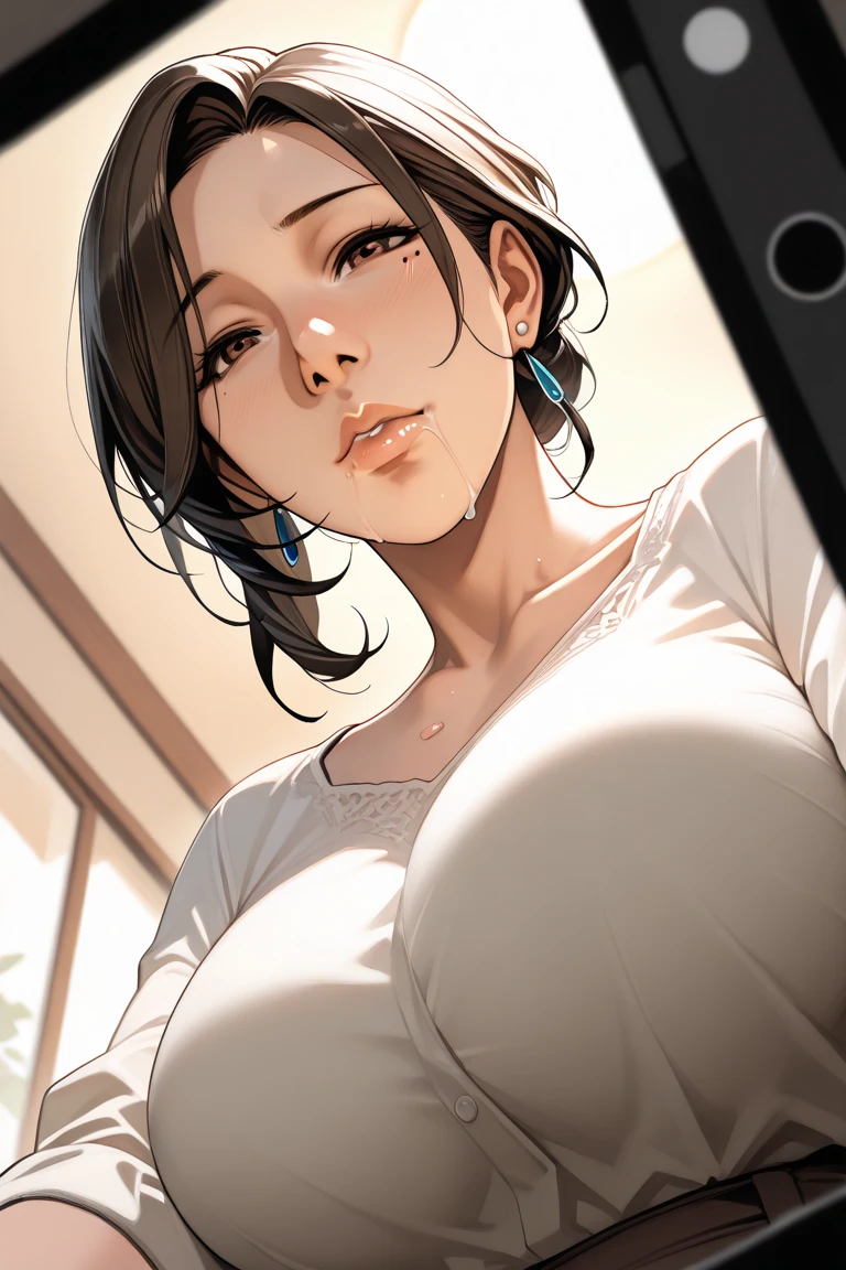 Realistic, 2 women selfie, face enhancement, face zoom, mouth wide open, tongue out, bedroom, sitting, looking up from below