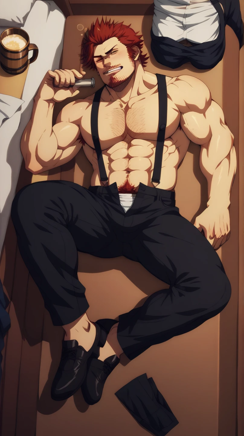 (Satoru Gojo in the manga and anime series Jujutsu Kaisen) ((Smug smile)) ((shirtless)) ((Tall and muscular)) ((sitting on a chair with legs spread)) ((Skinny jeans))  ((Marked his package)) 